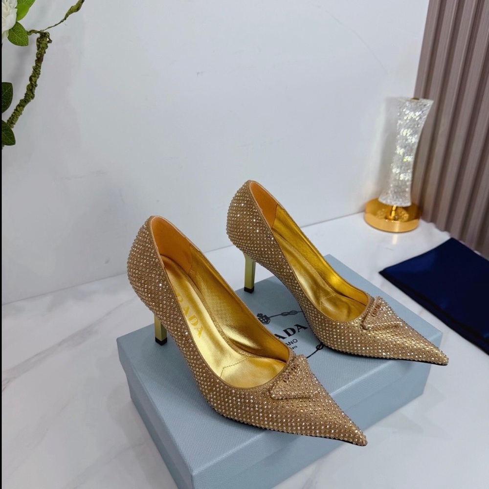 Prada Gold Crystal-Studded Pointed Toe Heels